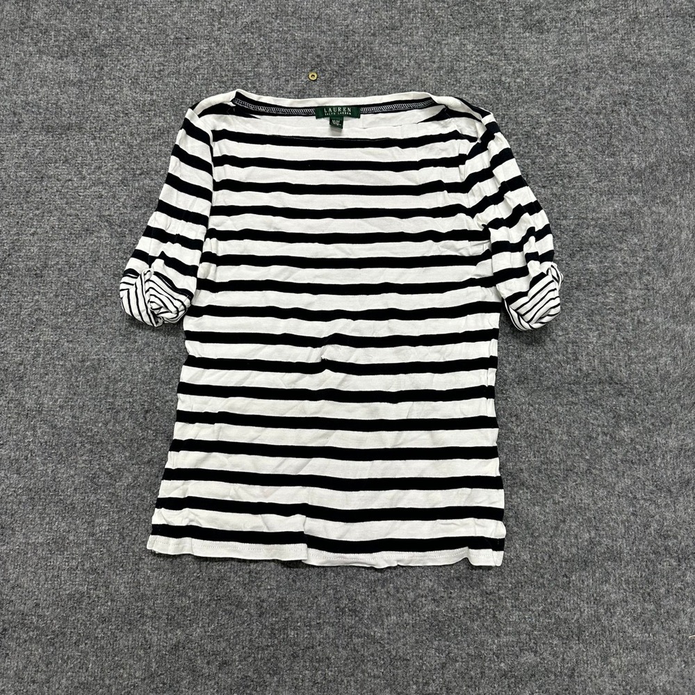 Lauren Ralph Lauren Top Womens Size M Black White Striped Cotton Boat Neck Rip